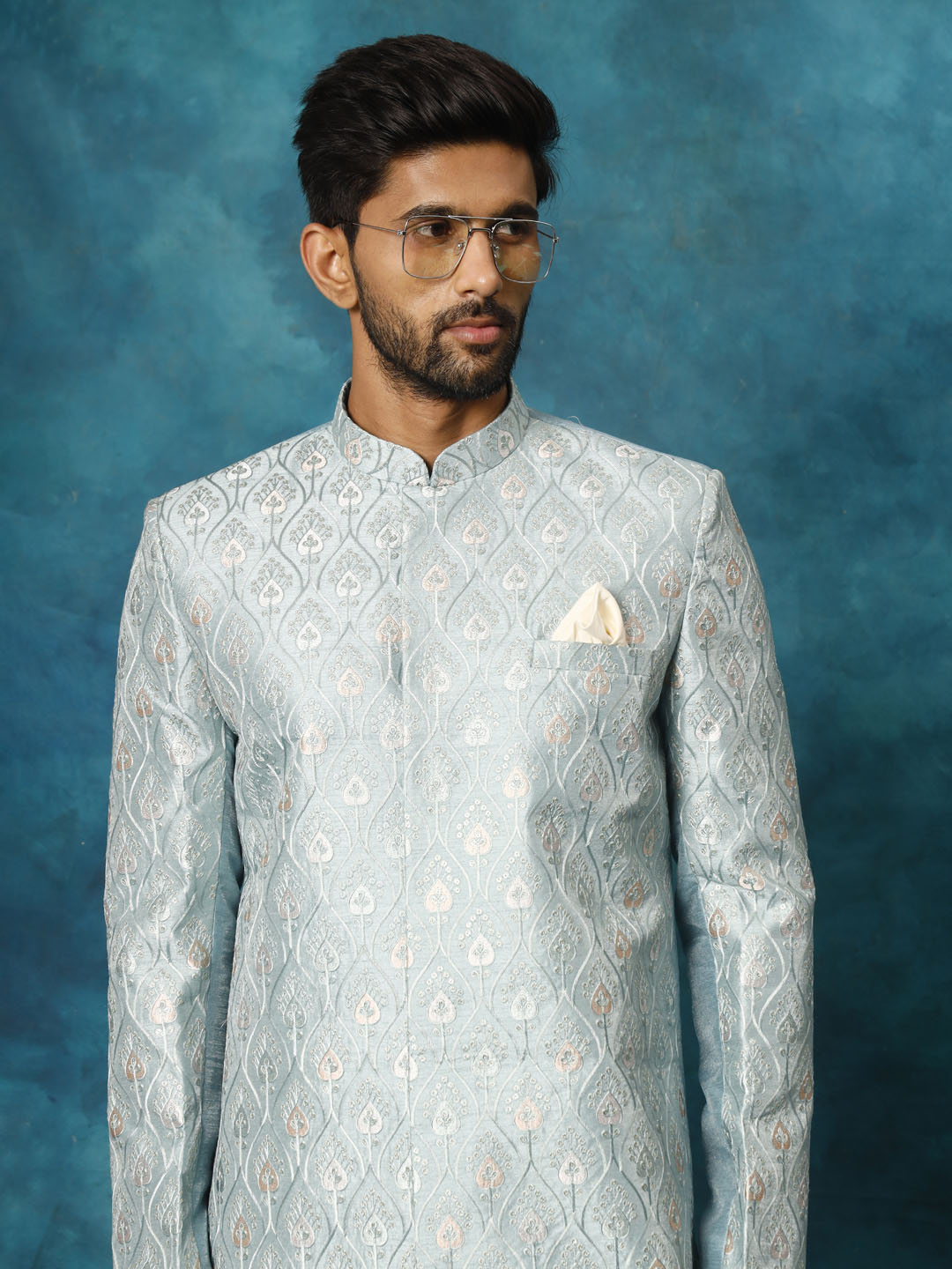 VASTRAMAY Men's Mint Green Pastel Embroidered Sherwani Set