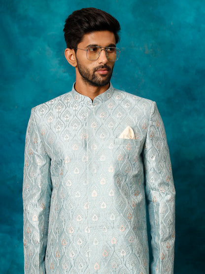 VASTRAMAY Men's Mint Green Pastel Embroidered Sherwani Set