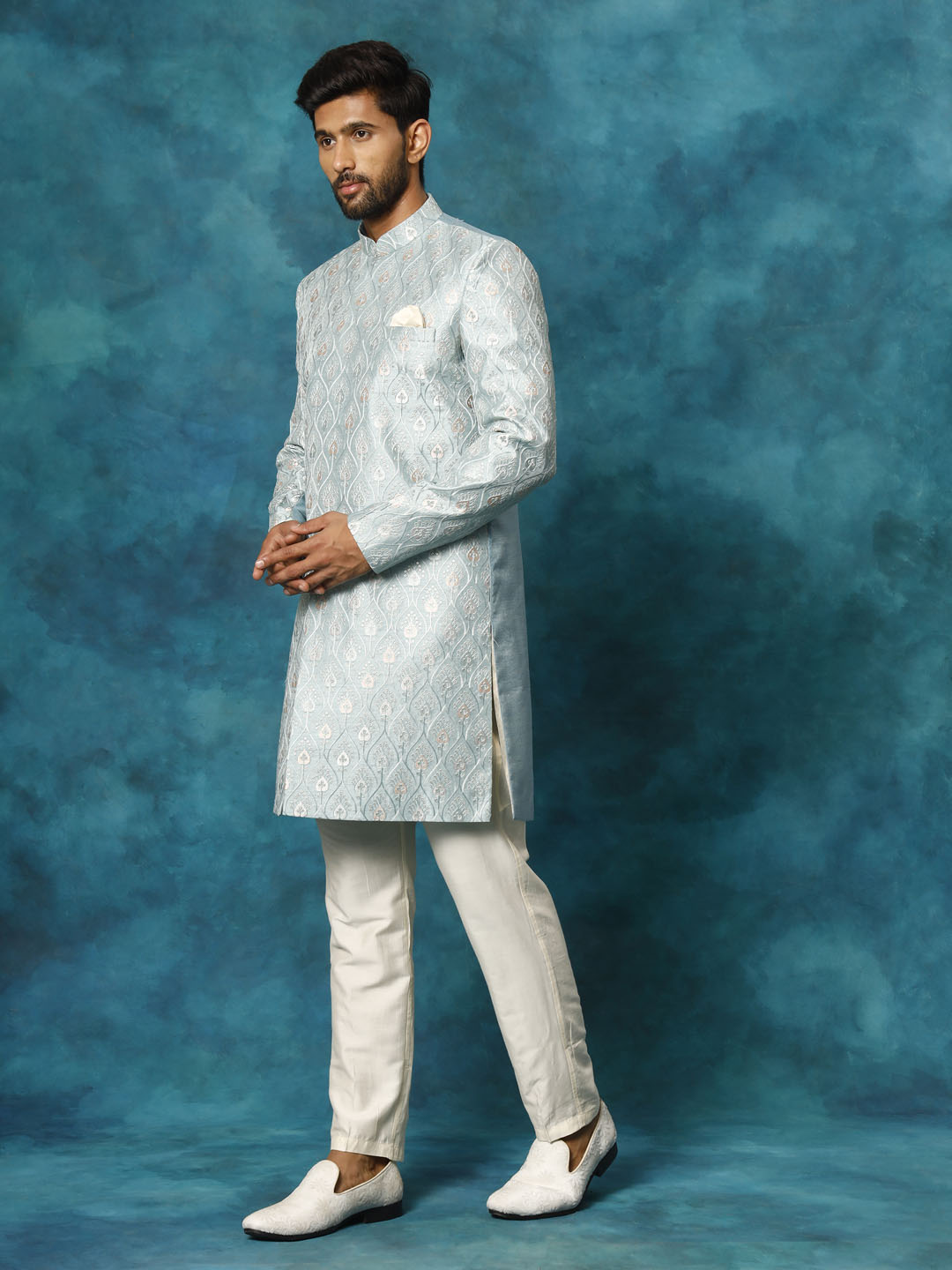 VASTRAMAY Men's Mint Green Pastel Embroidered Sherwani Set