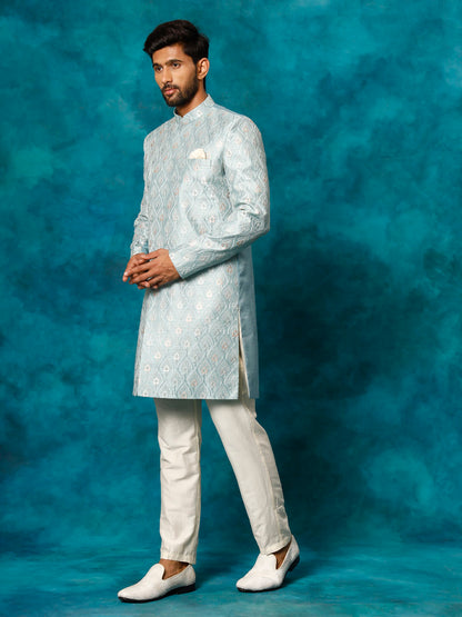 VASTRAMAY Men's Mint Green Pastel Embroidered Sherwani Set