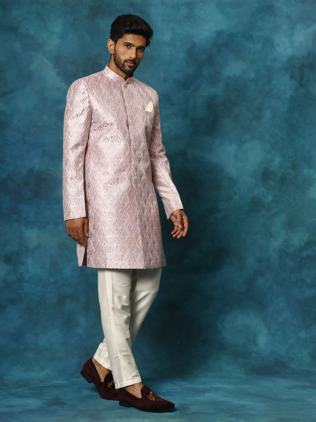 VASTRAMAY Men's Purple Pastel Embroidered Sherwani Set