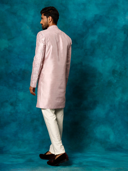 VASTRAMAY Men's Purple Pastel Embroidered Sherwani Set