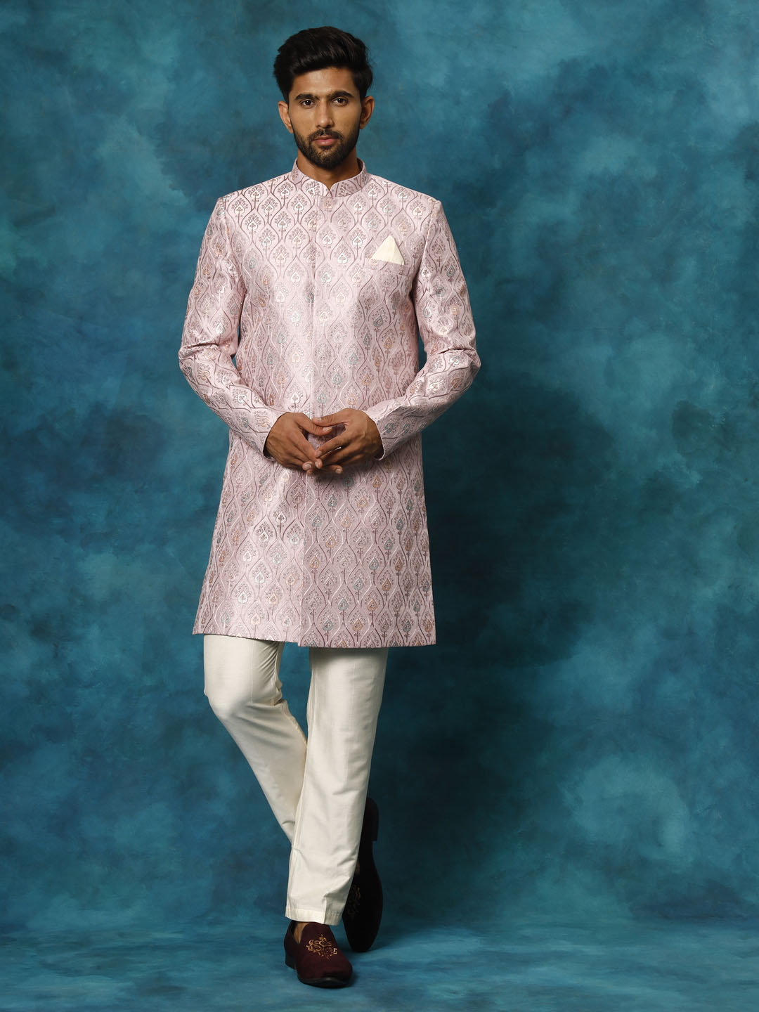 VASTRAMAY Men's Purple Pastel Embroidered Sherwani Set