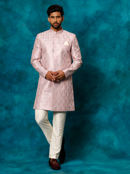 VASTRAMAY Men's Purple Pastel Embroidered Sherwani Set