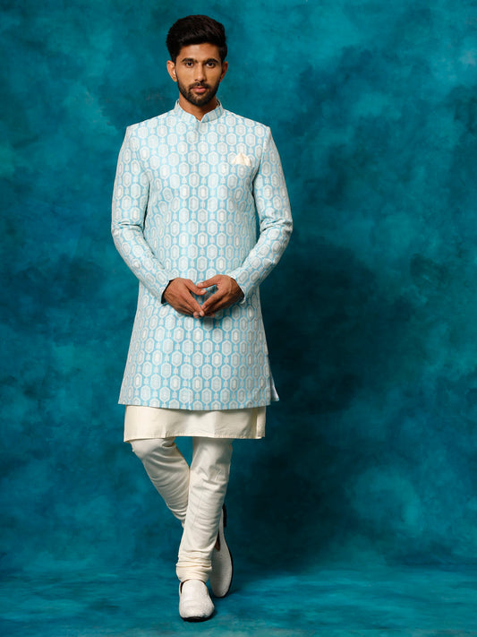 VASTRAMAY Men's Blue Imported Jacquard Indo With Kurta Pyjama Set