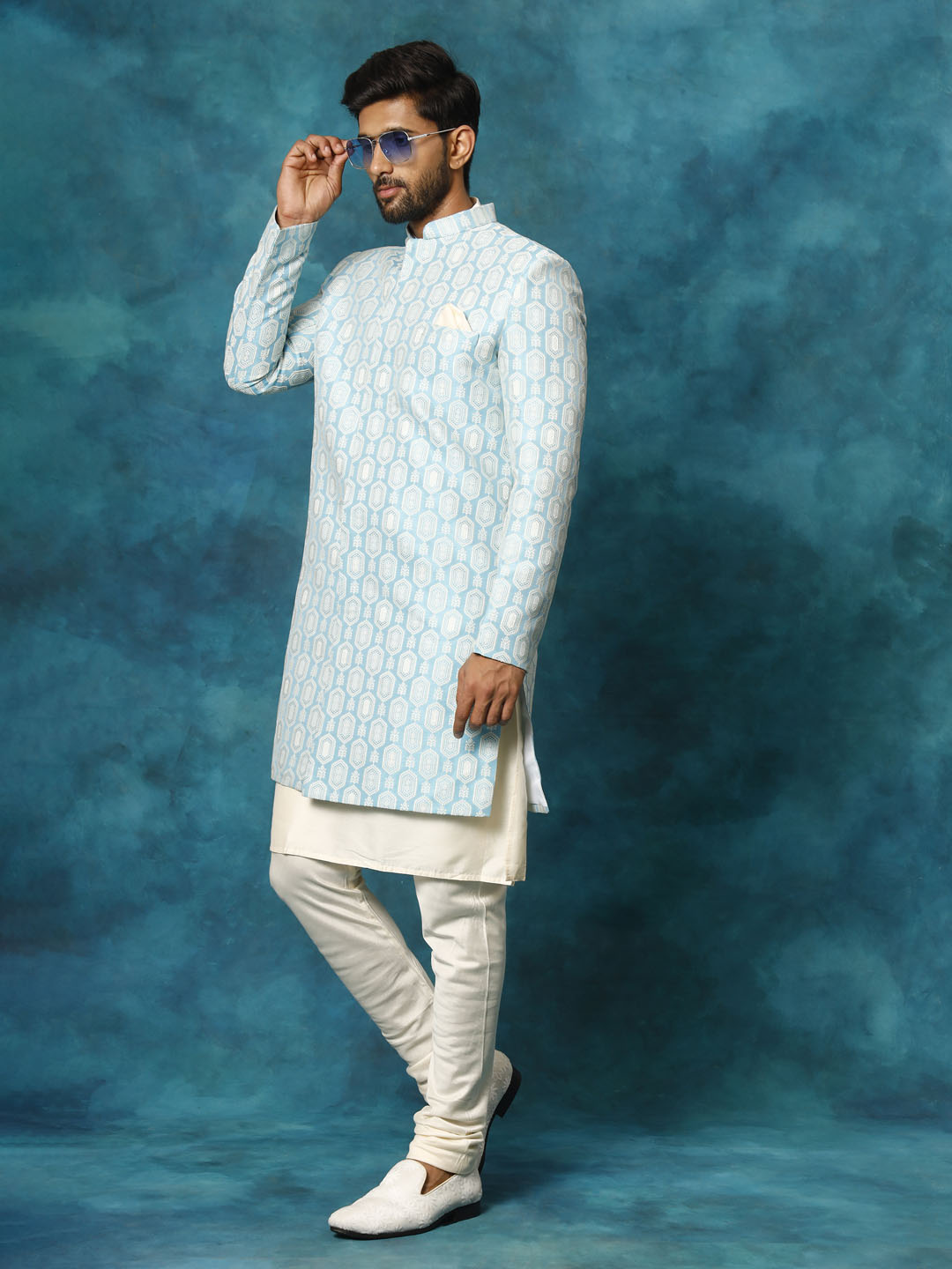 VASTRAMAY Men's Blue Imported Jacquard Indo With Kurta Pyjama Set