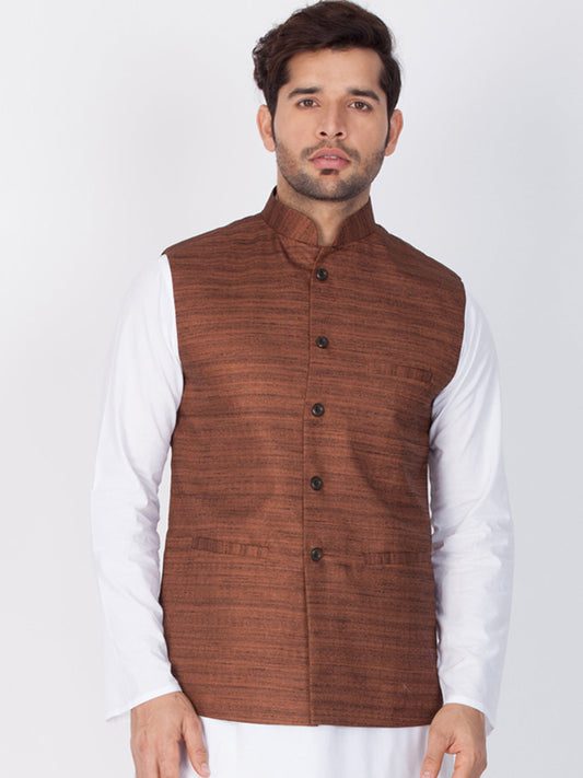 Vastramay Men's Brown Cotton Blend Ethnic Jacket