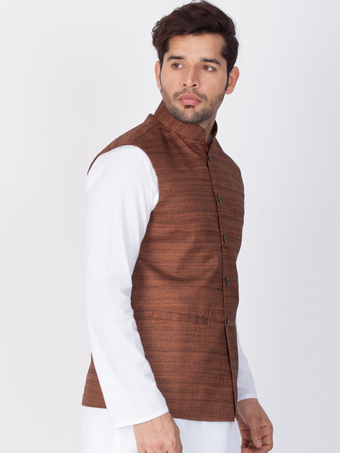 Vastramay Men's Brown Cotton Blend Ethnic Jacket