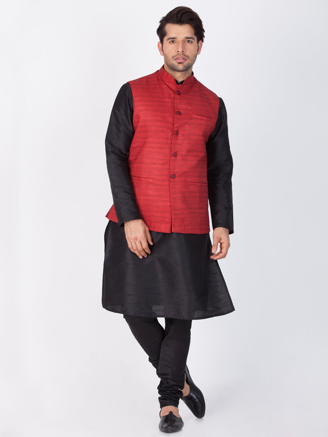 Vastramay Men's Black Cotton Silk Blend Kurta, Ethnic Jacket and Pyjama Set