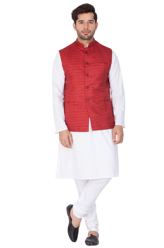 mens white cotton blend kurta ethnic jacket and pyjama set1266