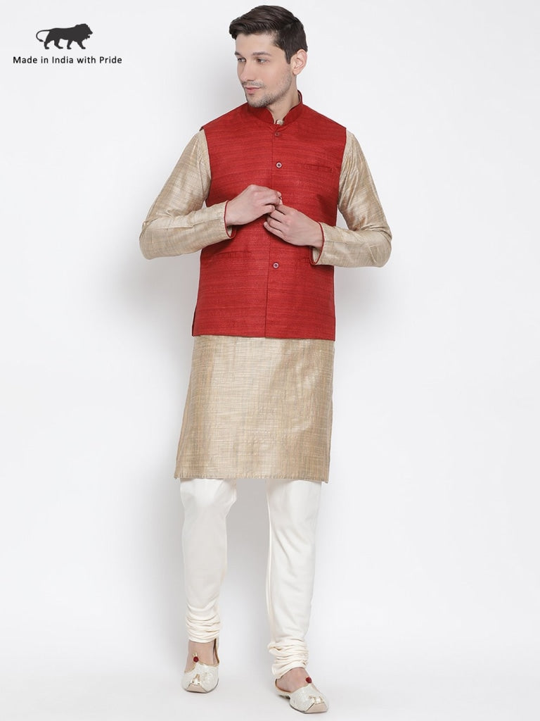 mens beige cotton silk blend kurta ethnic jacket and pyjama set1268