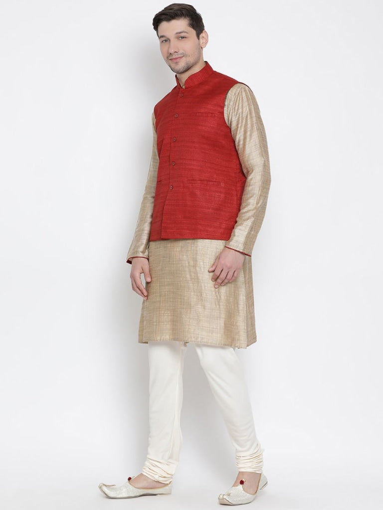 mens beige cotton silk blend kurta ethnic jacket and pyjama set1268