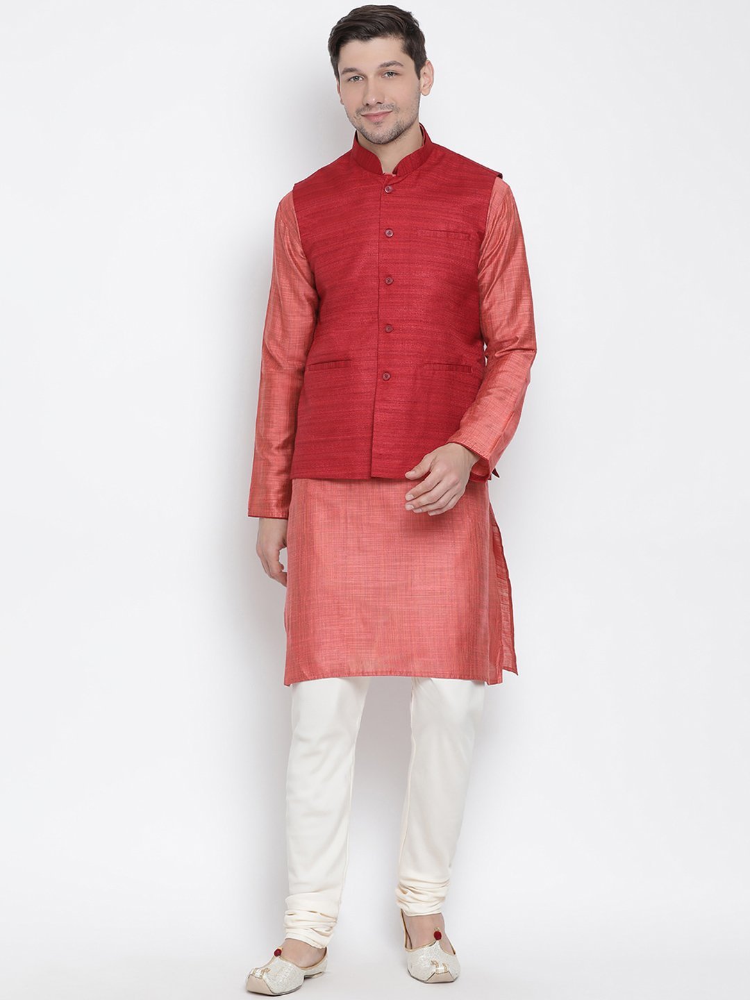 mens pink cotton silk blend kurta ethnic jacket and pyjama set1269