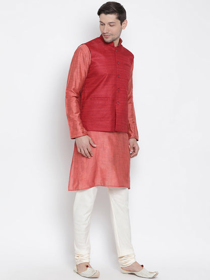 mens pink cotton silk blend kurta ethnic jacket and pyjama set1269