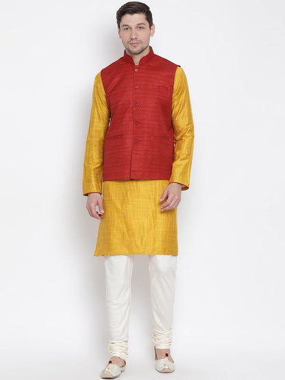 mens yellow cotton silk blend kurta ethnic jacket and pyjama set1270