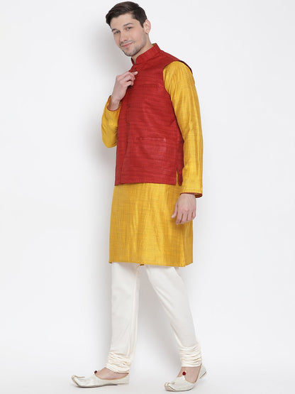 mens yellow cotton silk blend kurta ethnic jacket and pyjama set1270