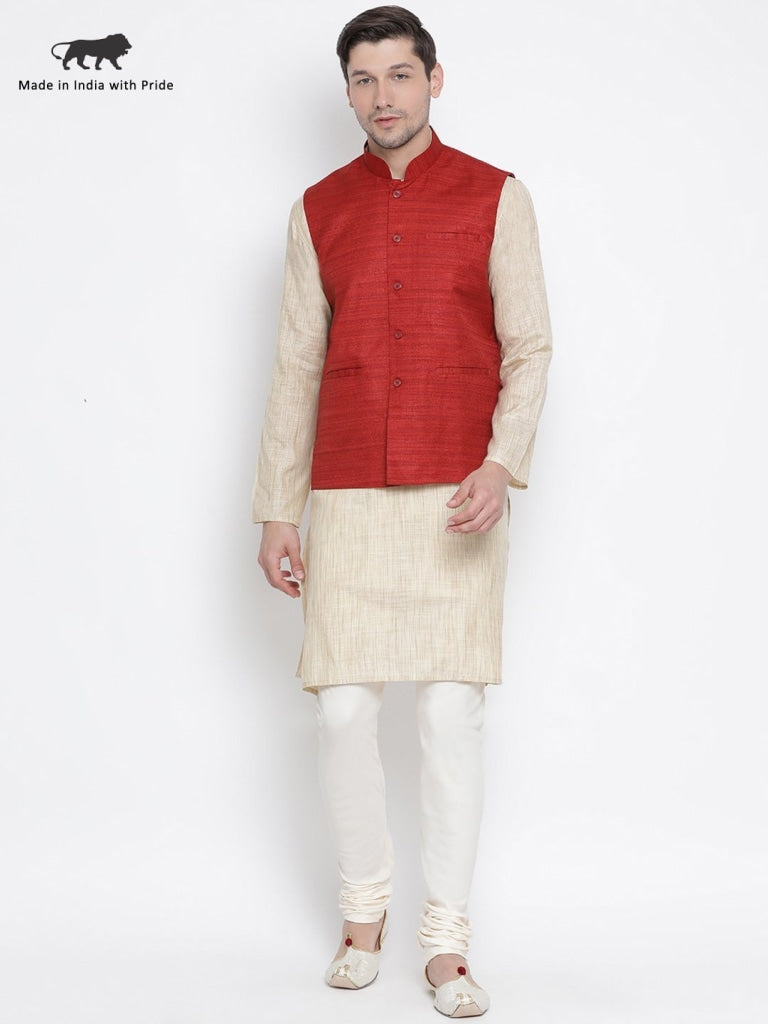 mens beige cotton silk blend kurta ethnic jacket and pyjama set1263