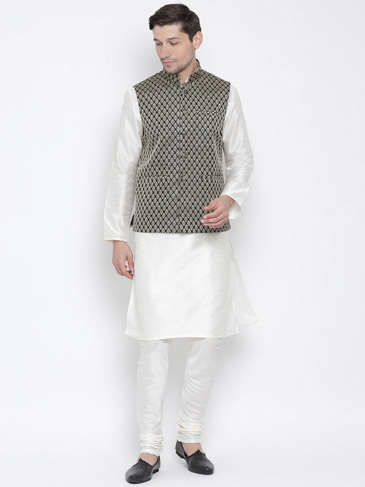 vastramay mens black ethnic jacket with cream silk blend kurta and pyjama set
