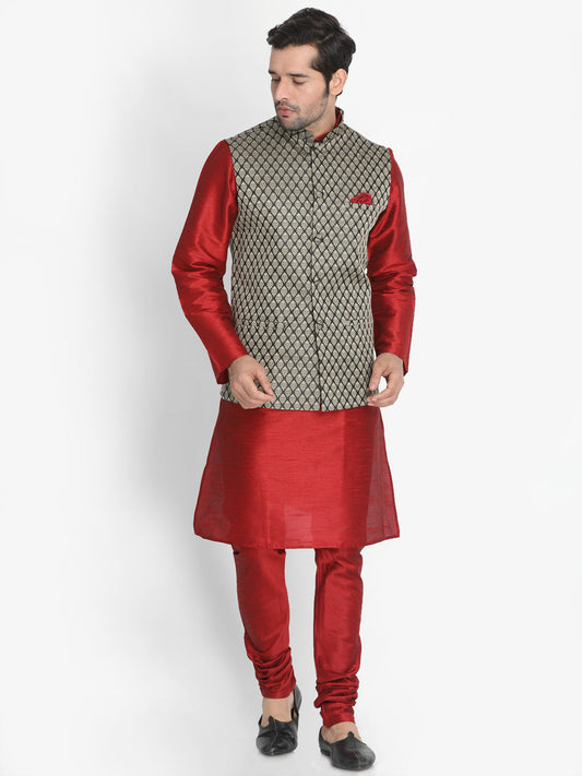 vastramay mens maroon cotton silk blend kurta ethnic jacket and pyjama set