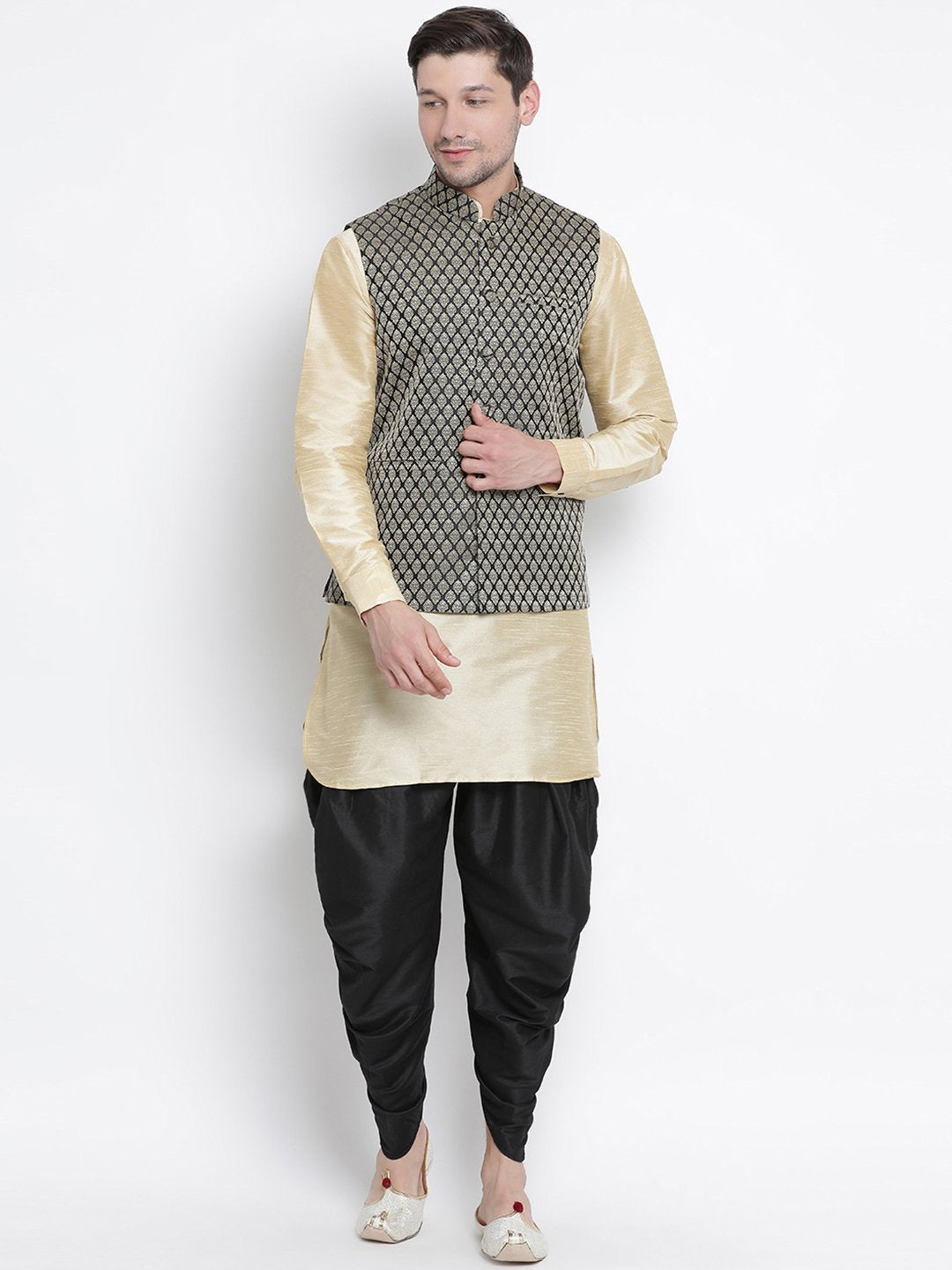 Vastramay Men's Black Silk Blend Jacket With Curved Kurta Dhoti Set