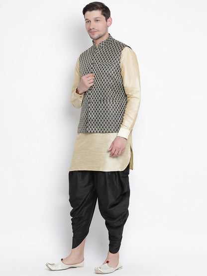 Vastramay Men's Black Silk Blend Jacket With Curved Kurta Dhoti Set