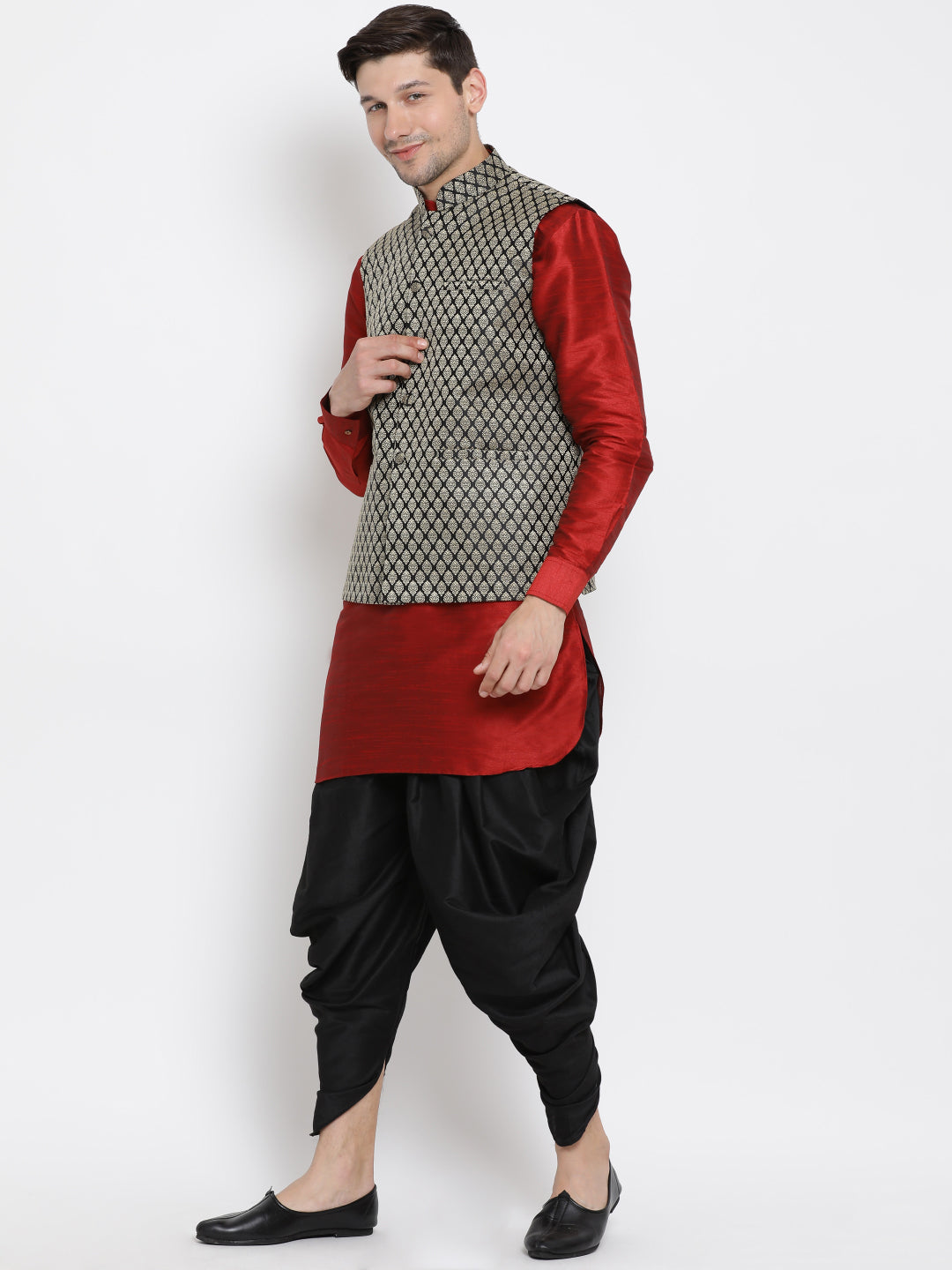 Vastramay Men's Black Silk Blend Jacket With Curved Kurta Dhoti Set