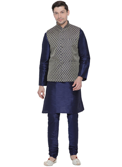 vastramay mens dark blue cotton silk blend kurta ethnic jacket style pyjama set
