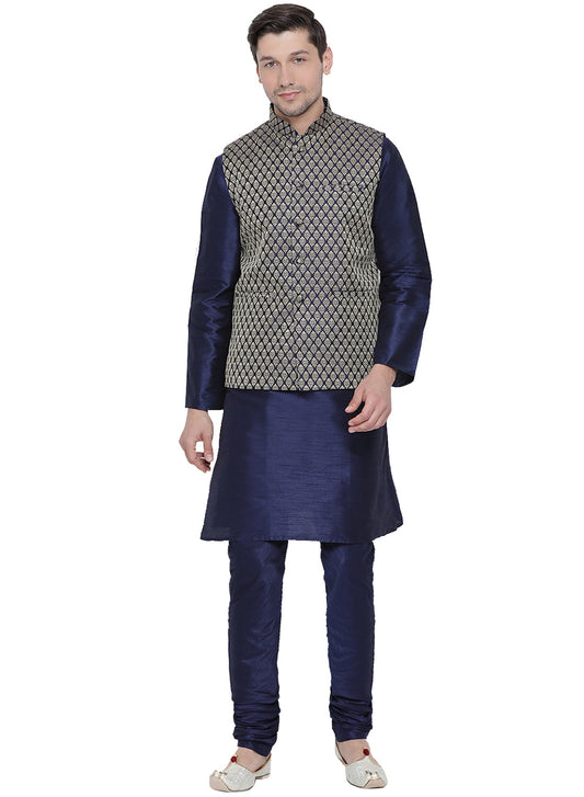 vastramay mens dark blue cotton silk blend kurta ethnic jacket style pyjama set