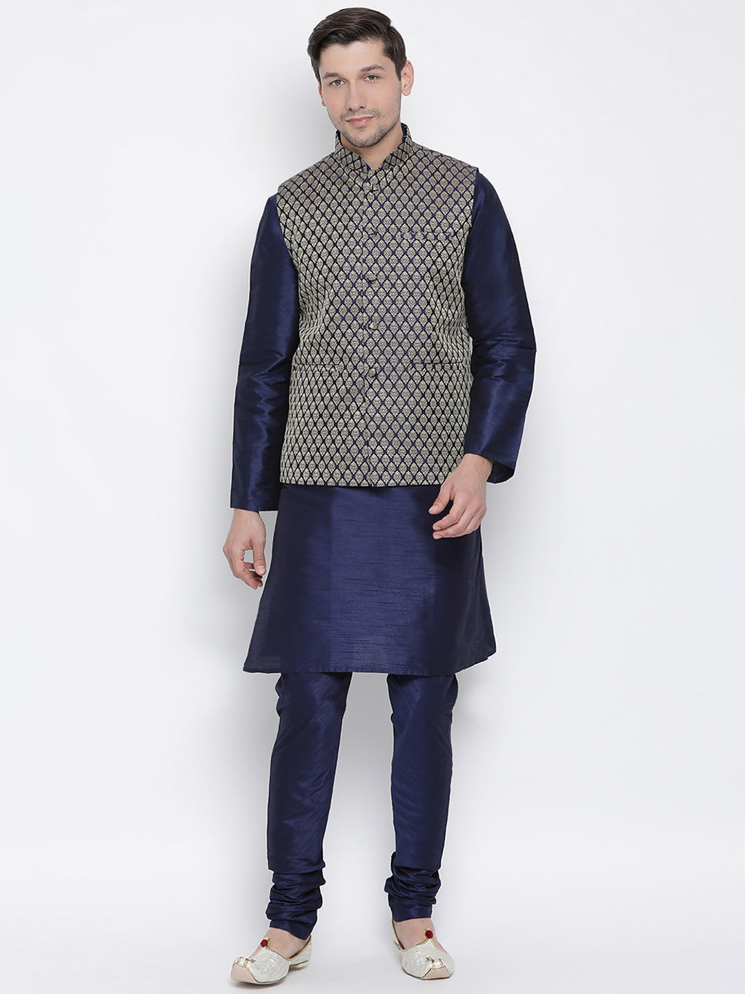 vastramay mens dark blue cotton silk blend kurta ethnic jacket style pyjama set
