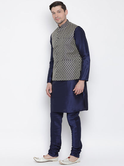 Vastramay Navy Blue and Gold Silk Blend Baap Beta Jacket Kurta Pyjama set