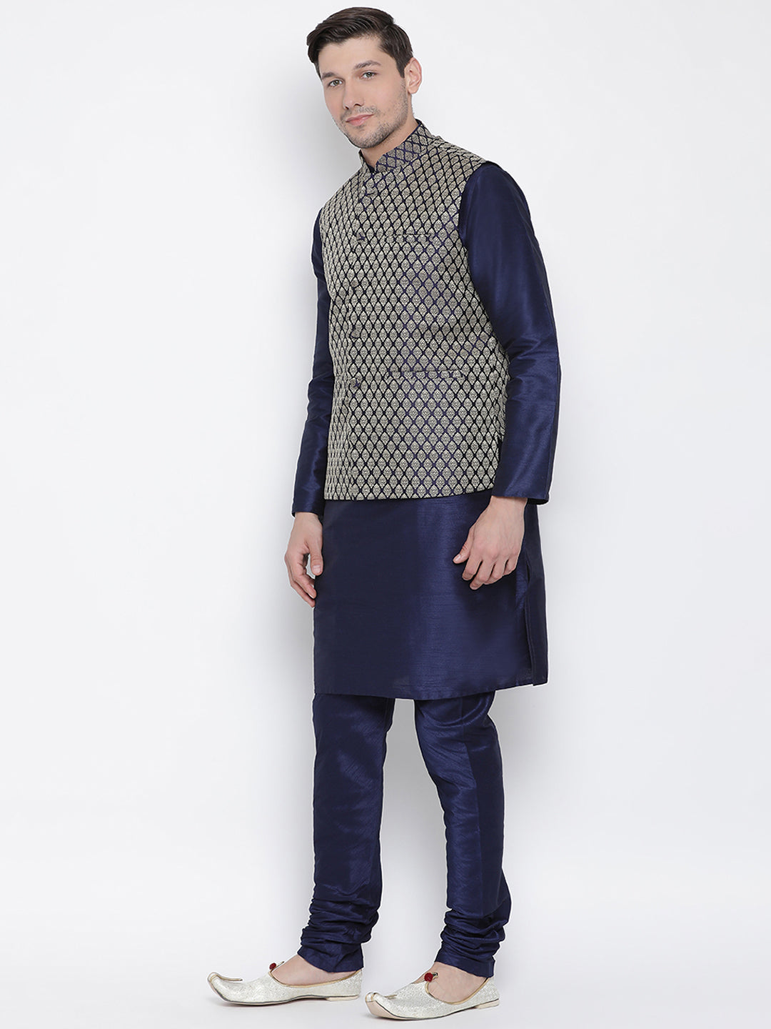 vastramay mens dark blue cotton silk blend kurta ethnic jacket style pyjama set