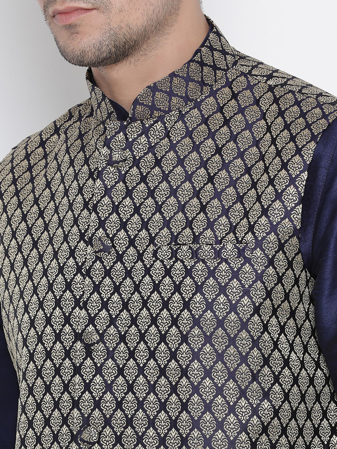 vastramay mens dark blue cotton silk blend kurta ethnic jacket style pyjama set