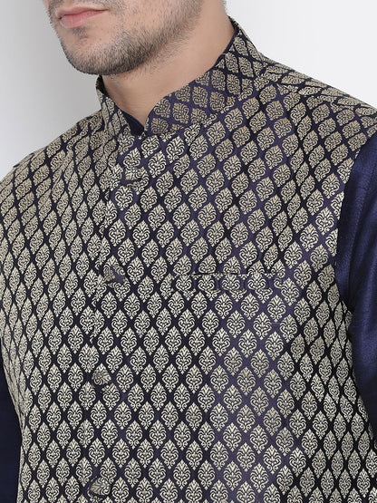 vastramay mens dark blue cotton silk blend kurta ethnic jacket style pyjama set