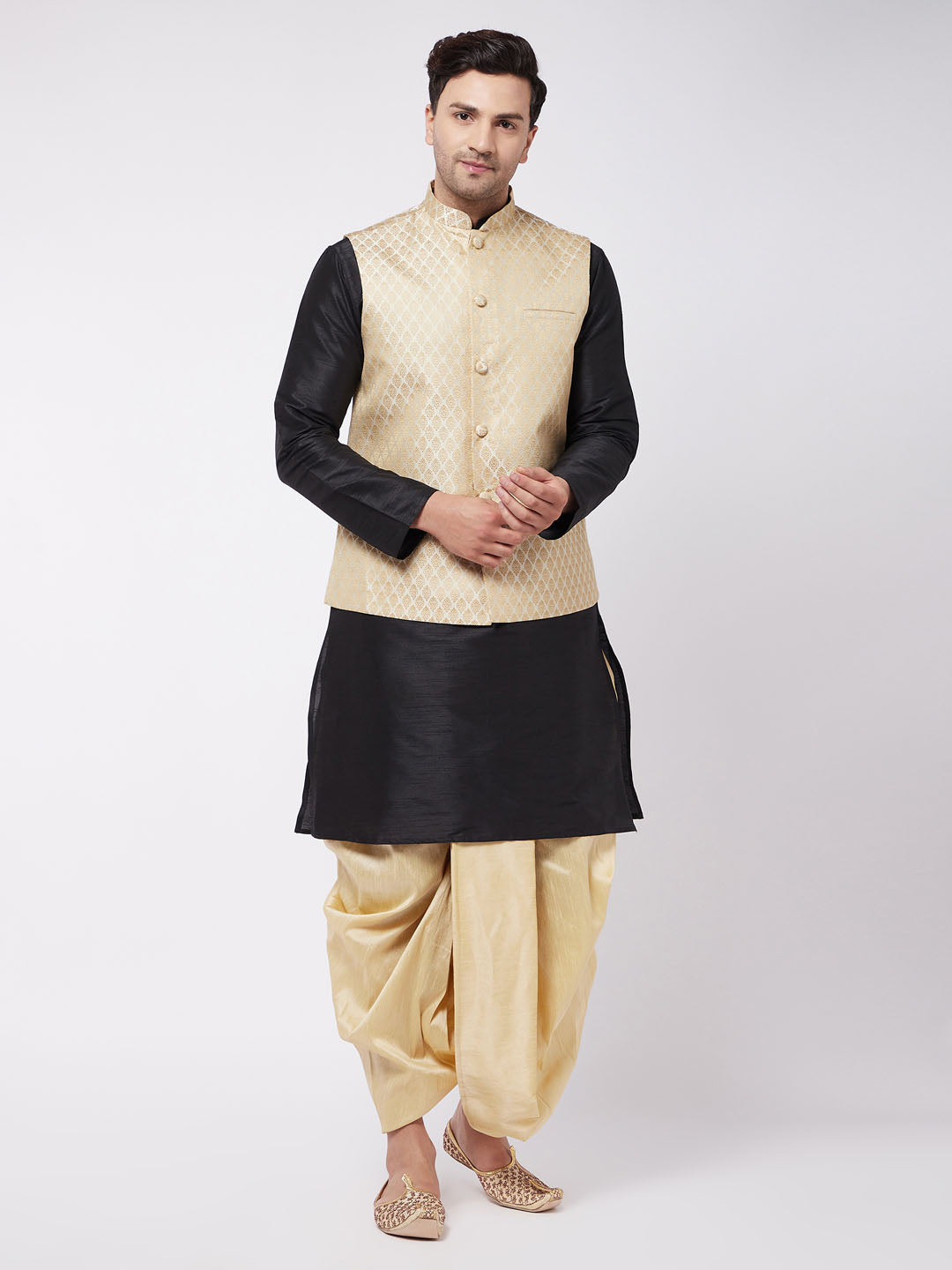 Vastramay Men's Black Silk Blend Jacket With Kurta Dhoti Set