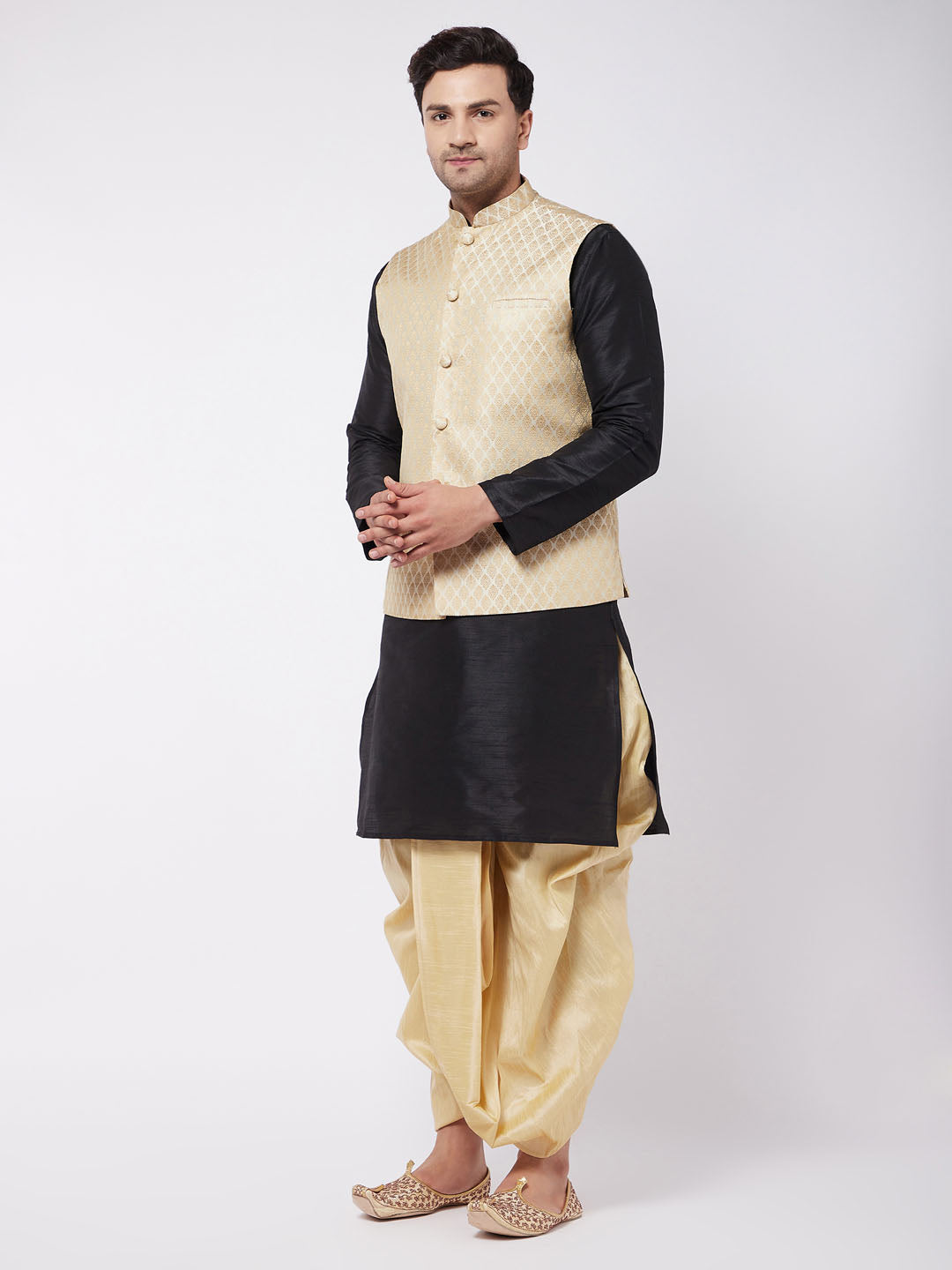 Vastramay Men's Black Silk Blend Jacket With Kurta Dhoti Set