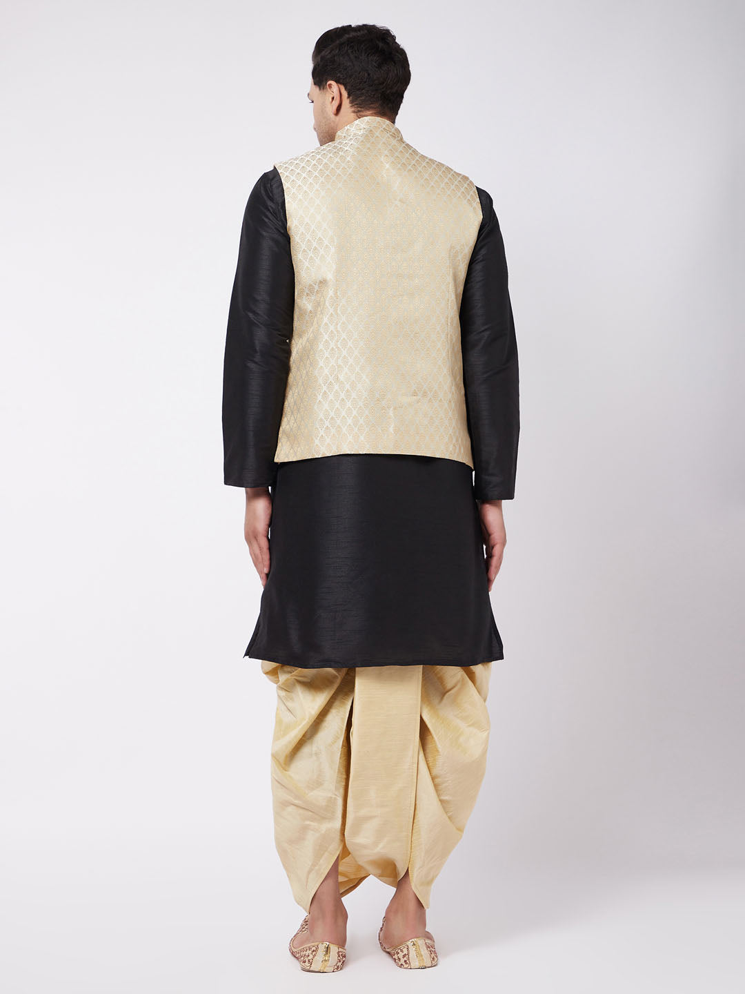 Vastramay Men's Black Silk Blend Jacket With Kurta Dhoti Set