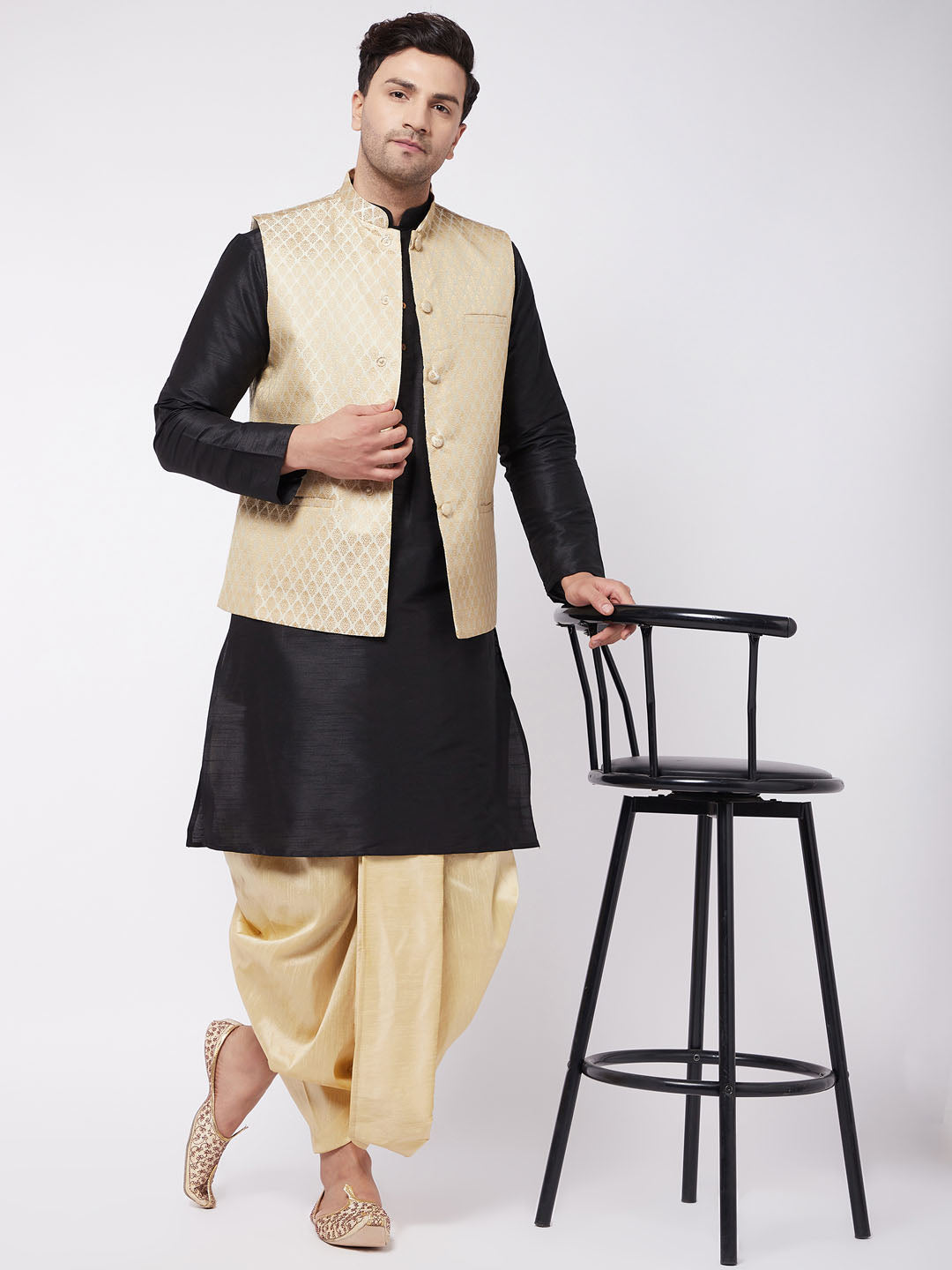 Vastramay Men's Black Silk Blend Jacket With Kurta Dhoti Set