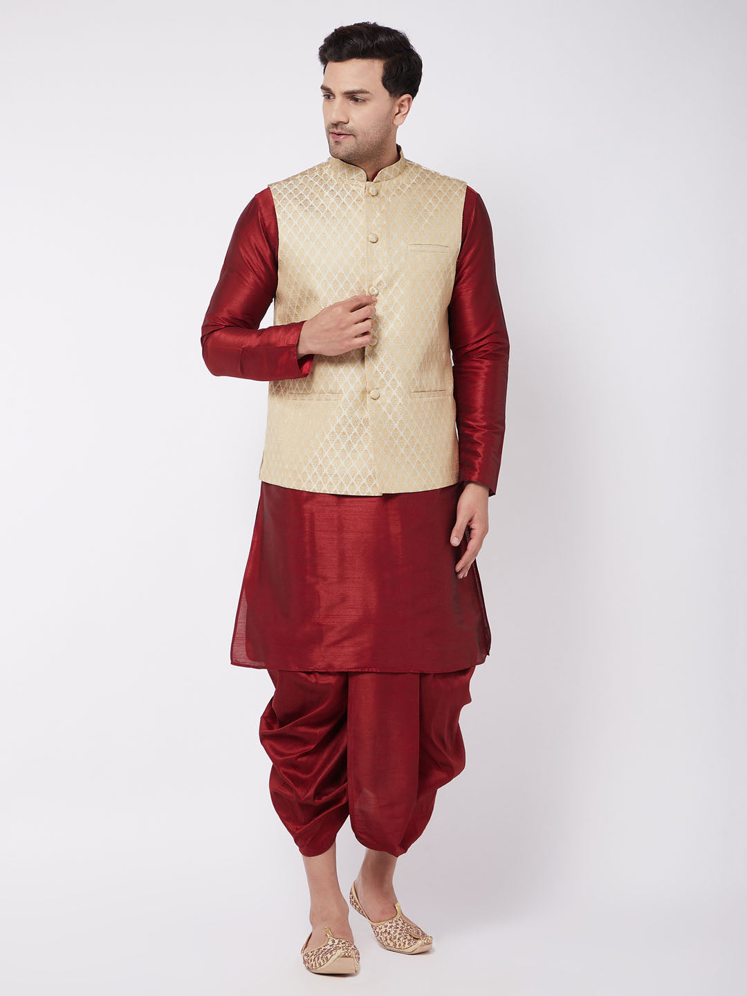 Vastramay Men's Cream Silk Blend Jacket With Kurta Dhoti Set