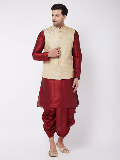 Vastramay Men's Cream Silk Blend Jacket With Kurta Dhoti Set