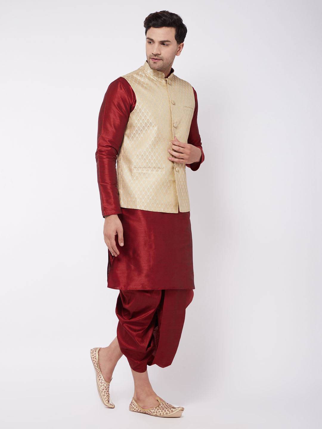 Vastramay Men's Cream Silk Blend Jacket With Kurta Dhoti Set