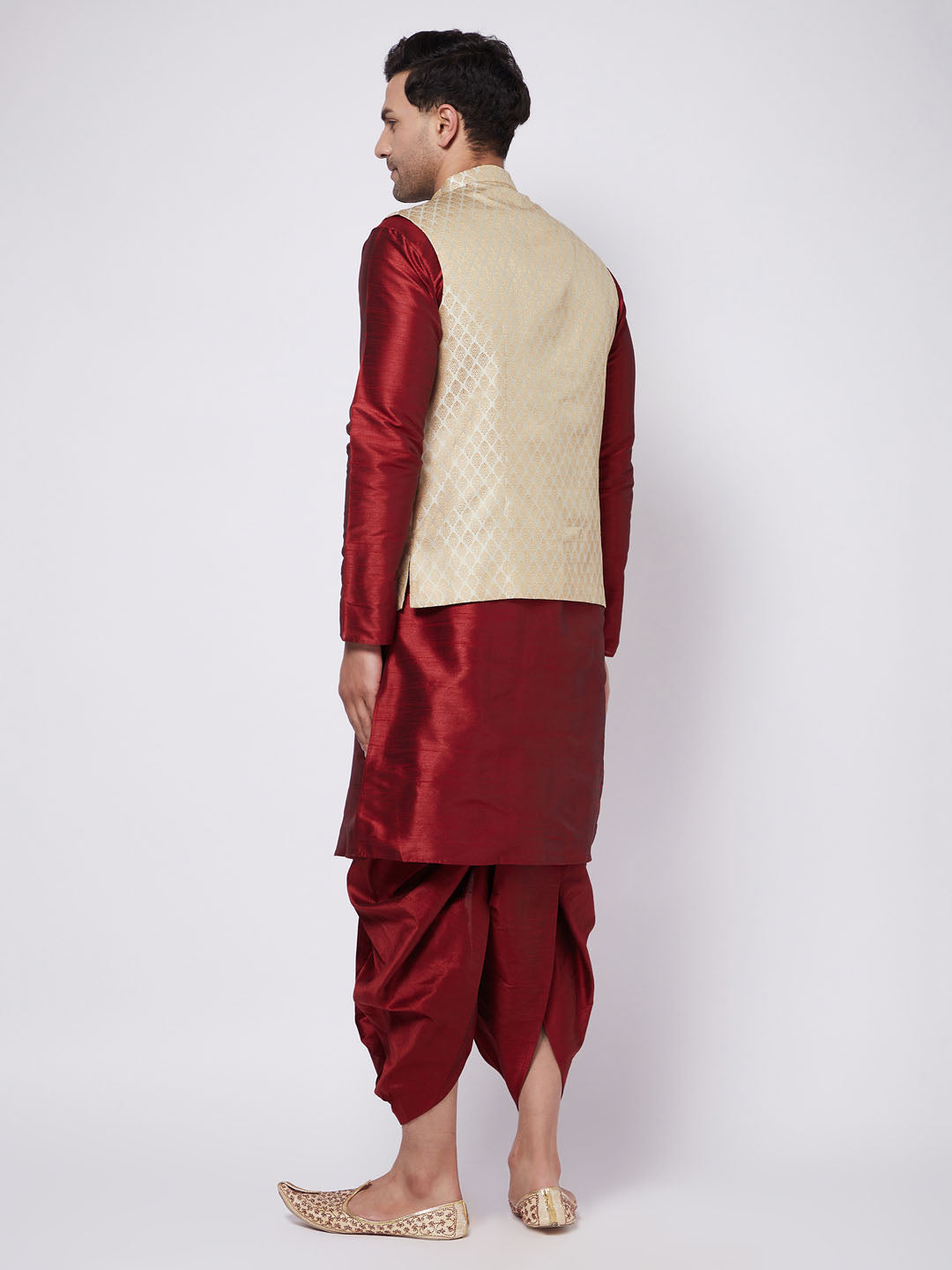Vastramay Men's Cream Silk Blend Jacket With Kurta Dhoti Set