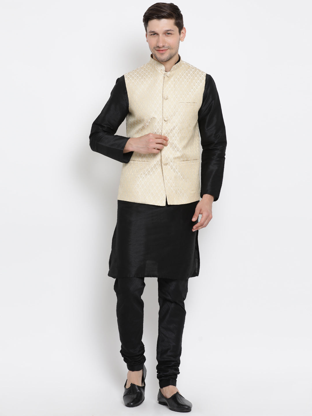 Vastramay Cream and Black Color Silk Blend  Baap Beta Jacket Kurta Pyjama set