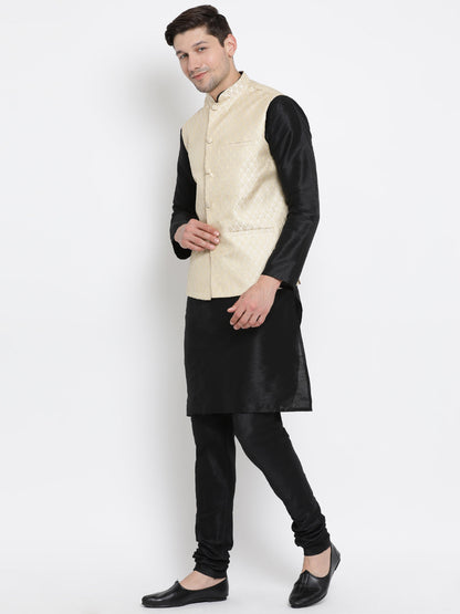 Vastramay Cream and Black Color Silk Blend  Baap Beta Jacket Kurta Pyjama set