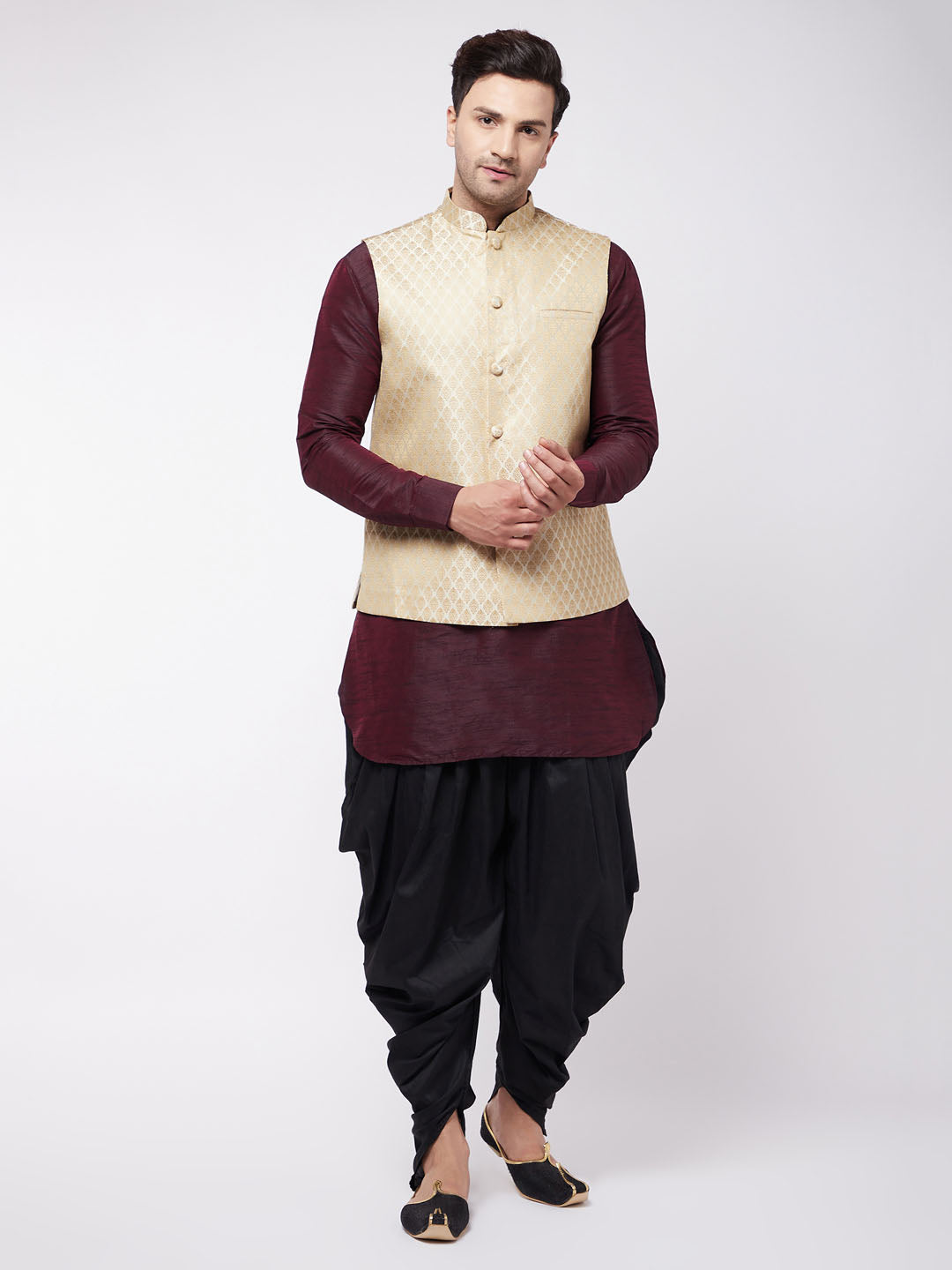 Vastramay Men's Cream Silk Blend Jacket With Curved Kurta Dhoti Set