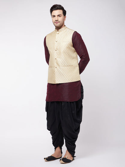 Vastramay Men's Cream Silk Blend Jacket With Curved Kurta Dhoti Set