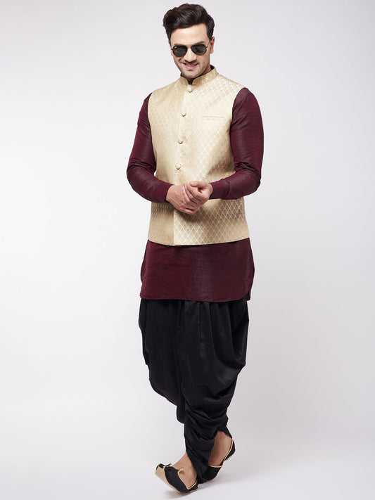 Vastramay Men's Cream Silk Blend Jacket With Curved Kurta Dhoti Set