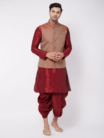 Vastramay Men's Maroon Silk Blend Jacket With Kurta Dhoti Set