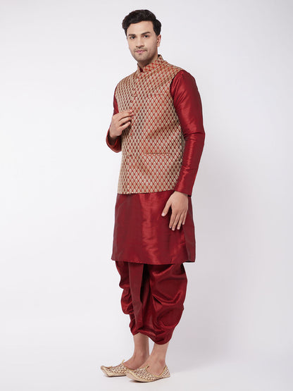 Vastramay Men's Maroon Silk Blend Jacket With Kurta Dhoti Set