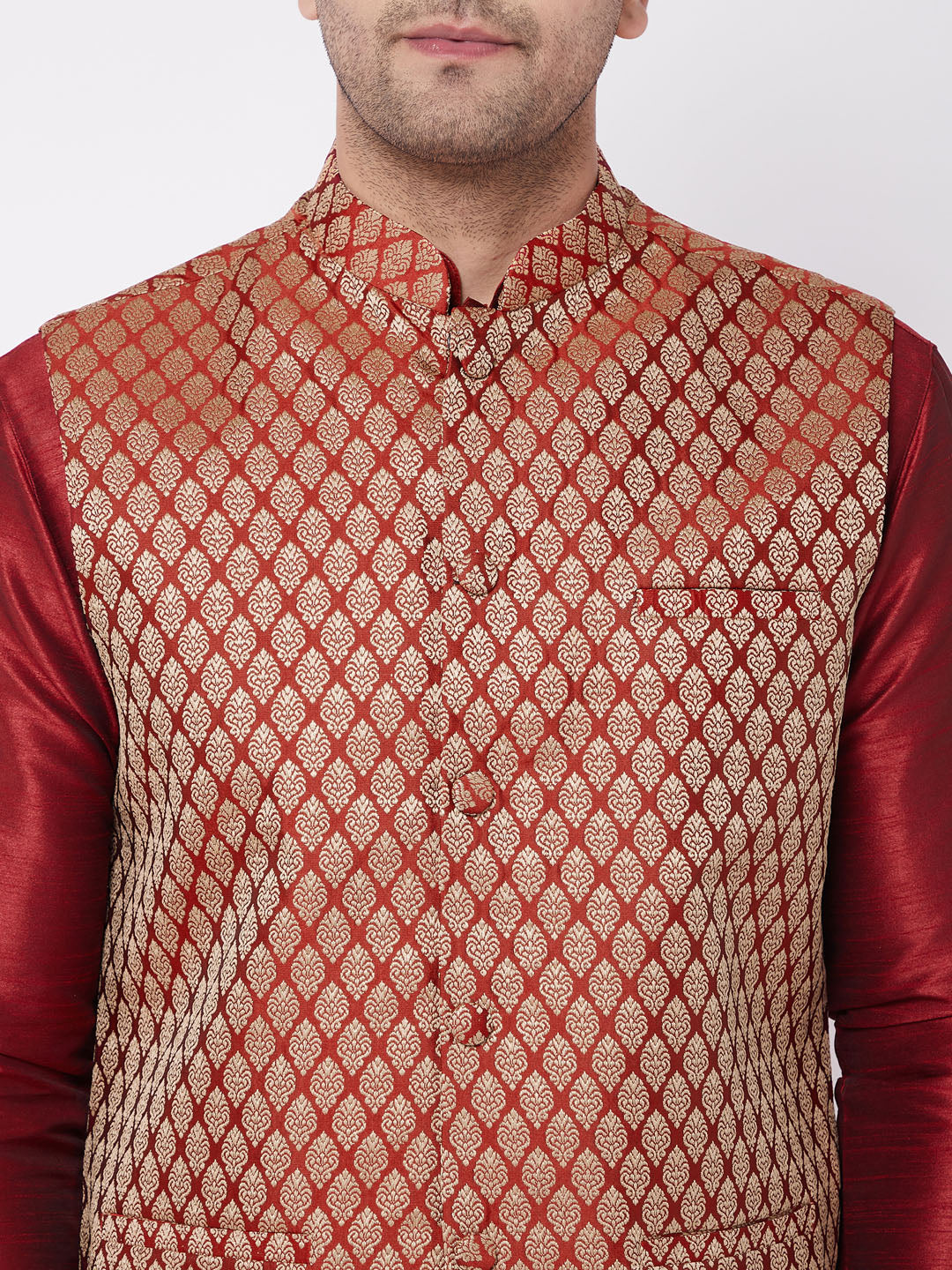 Vastramay Men's Maroon Silk Blend Jacket With Kurta Dhoti Set