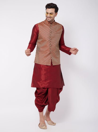 Vastramay Men's Maroon Silk Blend Jacket With Kurta Dhoti Set